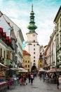 Bratislava, Slovakia/Europe; 07/07/2019: Famous St. Michaels Gate and clock tower in the old town of Bratislava, Slovakia