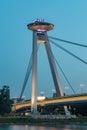 Night view on UFO observation desk of new bridge Most SNP over Danube river in Bratislava Royalty Free Stock Photo