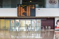 BRATISLAVA, SLOVAKIA Ã¢â¬â OCTOBER 6 2019: Arrivals board above closed doors of baggage claims room in Arrivals hall of Bratislava