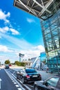 BRATISLAVA, SLOVAKIA Ã¢â¬â OCTOBER 6 2019: Taxi cars parked in front of Arrivals hall of Bratislava airport terminal with air