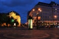 Hviezdoslavovo square in the evening. Building of Slovak State Philharmonic left and Carlton hotel right in the Old Town