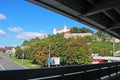View of Most SNP bridge with Bratislava Castle and road in Bratislava, Slovakia Royalty Free Stock Photo