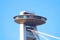 View of observation deck and restaurant over blue sky on the modern bridge called UFO, Bratislava, Slovakia