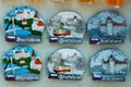 BRATISLAVA, SLOVAKIA: Souvenir magnets from Bratislava. Gifts products for tourists in the market