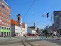 Bratislava, Slovakia, Spitalska street, trams, people, crosswalk