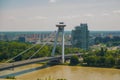 Bratislava,Slovakia: UFO bridge over Danube river in Bratislava. Beautiful landscape with views of the city from above