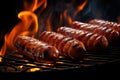 Bratwurst or Hot Dogs on Grill with Flames