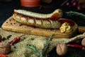 Bratwurst sausages served with mustard and herbs Royalty Free Stock Photo