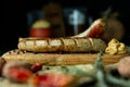 Bratwurst sausages served with mustard and herbs Royalty Free Stock Photo