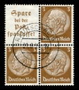 Braunschweig, Germany - 31 Aug 1938: German historical block of three stamps: Paul von Hindenburg-series medallions 1933-1936 issu