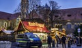 Police van at the entrance to the Christmas market 2021 to control and monitor the corona laws