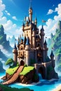 A brautiful and fantastically castle, with breathtaking landscape, mountains, tree, anime art, cartoon style, cute