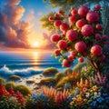 Brautiful flower bush, by waterside of a bkue sea, sunset time, fluffy clouds, rocks, painting art Royalty Free Stock Photo