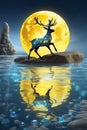 A brautiful reindeer standing on a rock at the blue sea made of glass, with full moon, reflection water, fantasy art, animal Royalty Free Stock Photo