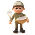 Brave army soldier baking a cake with mixing bowl and whisk, 3d illustration