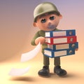 Brave army soldier drops some files from his folders, 3d illustration