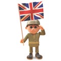 Brave army soldier salutes as he holds the British flag, 3d illustration