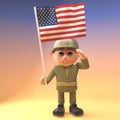 Brave army soldier salutes while holding the American flag, 3d illustration