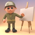 Brave army soldier standing in front of a blank easel, 3d illustration