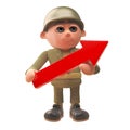 Brave army soldier in uniform in 3d holding a red arrow, 3d illustration