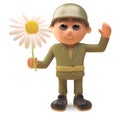 Brave army soldier waves while holding a flower, 3d illustration