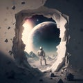 Brave astronaut at the spacewalk on the moon. Cosmonaut on the moon watching at other planet. A man in the space on another planet Royalty Free Stock Photo