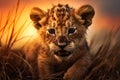 Brave Beginnings: A Captivating Closeup of a Timid Lion Cub in a Royalty Free Stock Photo