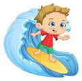 The brave boy is playing a surfboard at beach with a big wave Royalty Free Stock Photo