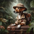 a brave brown rat terrier dressed up as a jungle explorer, animals concept