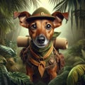 a brave brown rat terrier dressed up as a jungle explorer, animals concept