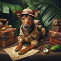 a brave brown rat terrier dressed up as a jungle explorer, animals concept