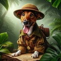 a brave brown rat terrier dressed up as a jungle explorer, animals concept