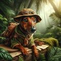 a brave brown rat terrier dressed up as a jungle explorer, animals concept