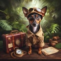 a brave brown rat terrier dressed up as a jungle explorer, animals concept