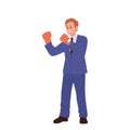 Brave businessman cartoon character wearing boxing gloves demonstrating power and strength