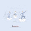 Brave businessman and employees sailing on paper boats, business development metaphor, leadership abilities banner