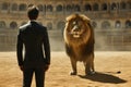 A Brave businessman facing a big lion Generative AI