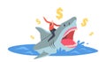 Brave Businessman Riding Dangerous Shark with Gold Dollar Signs around, Professional Entrepreneur Fight with Predator