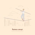 Brave businessman, tightrope walker holding stick, unstable career position, balance and concentration banner
