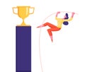 Brave Businesswoman Pole Vaulting on Top of Pedestal with Golden Cup. Business Competition, Career Challenge
