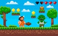 Brave caveman with baton fighting against monster. Zombie attacks human, apocalypse pixel scene