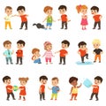 Brave children characters confronting hooligans set, bad boy bullying a smaller kid vector Illustrations on a white