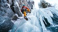 Brave climber ascends icy summit, conquering frosty challenges. Conquering nature\'s icy heights Royalty Free Stock Photo