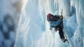 Brave climber ascends icy summit, conquering frosty challenges. Conquering nature\'s icy heights Royalty Free Stock Photo