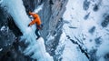 Brave climber ascends icy summit, conquering frosty challenges. Conquering nature\'s icy heights Royalty Free Stock Photo