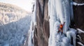 Brave climber ascends icy summit, conquering frosty challenges. Conquering nature\'s icy heights Royalty Free Stock Photo