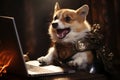 Brave corgi dog bravely defends laptop with sword and shield in bright office