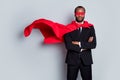 Brave courage afro american man day he agent collar night strong superman cross hands ready save world wear red costume