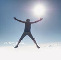 Brave cow man successful concept. Silhouette of man jump over Royalty Free Stock Photo