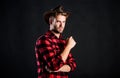Brave cowboy. Vintage style man. Wild West retro cowboy. cowboy in country side. Western. man checkered shirt on ranch Royalty Free Stock Photo